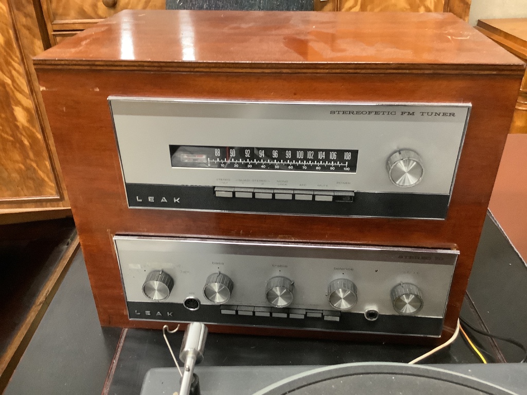 A vintage Goldring Lenco Gl75 turntable, a Leak tuner and amplifier and a pair of KEF speakers (later cased)